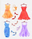 Set of dresses, bag and high-heeled shoes. Dresses and shoes